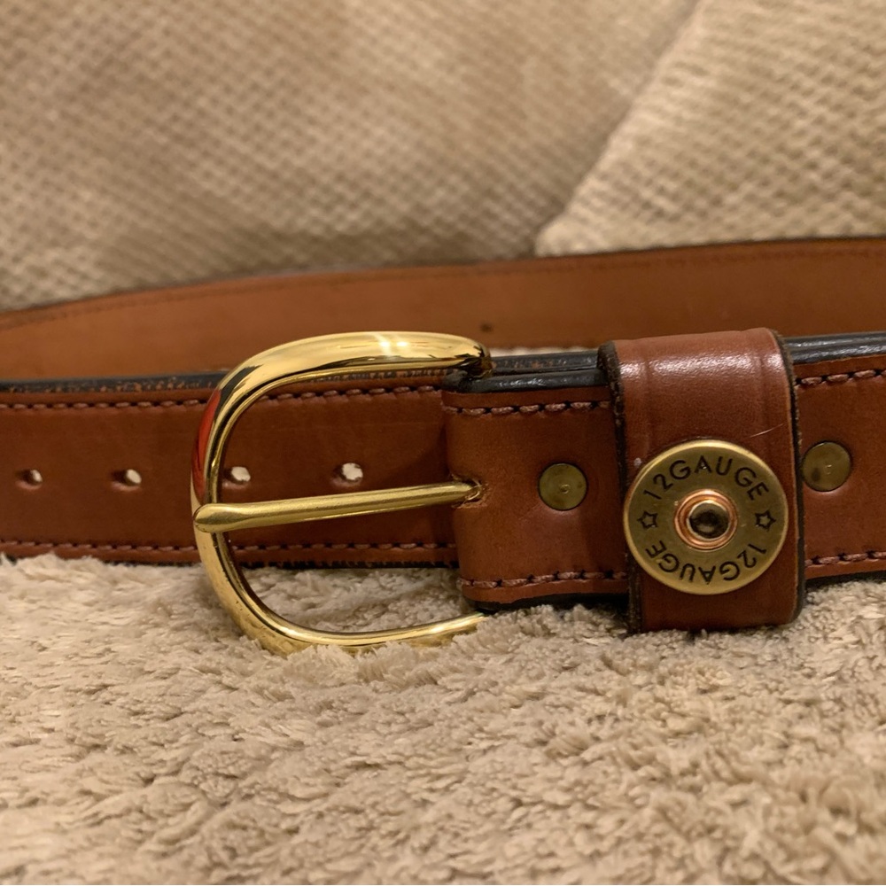 Dallas Wayne 12 gauge brown leather belt w gold buckle